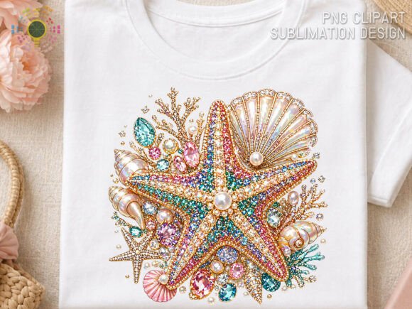 Sparkling Coastal Art: Jeweled Starfish Seashell Beach PNG